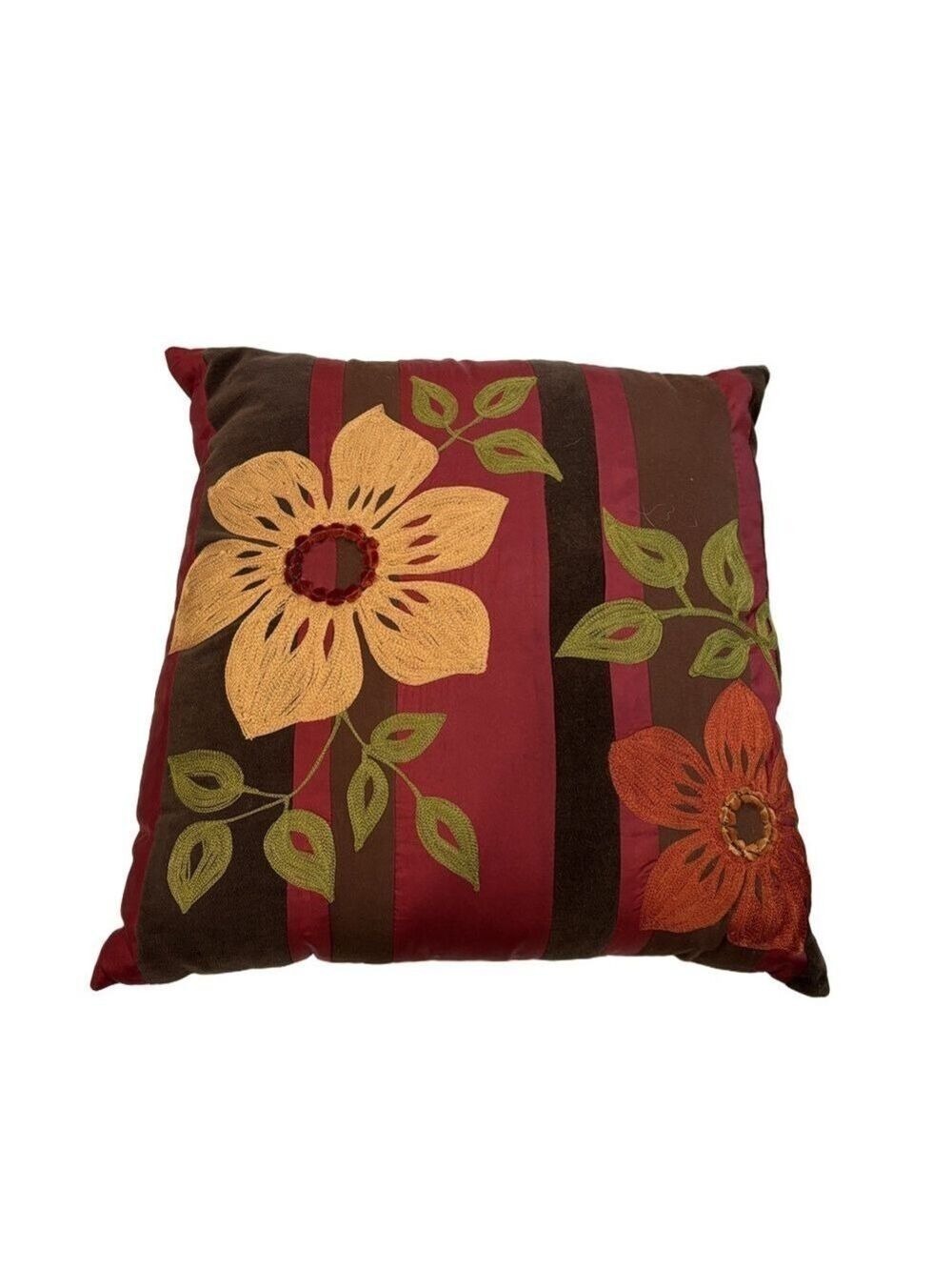 Pier 1 decorative accent pillow. Stitched flowers. Jewel tones brown back 17”
